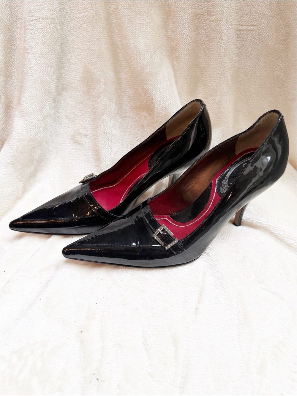 Rene Caovilla Classic Black Patent Pointed-Toe Pumps with Buckle Detail